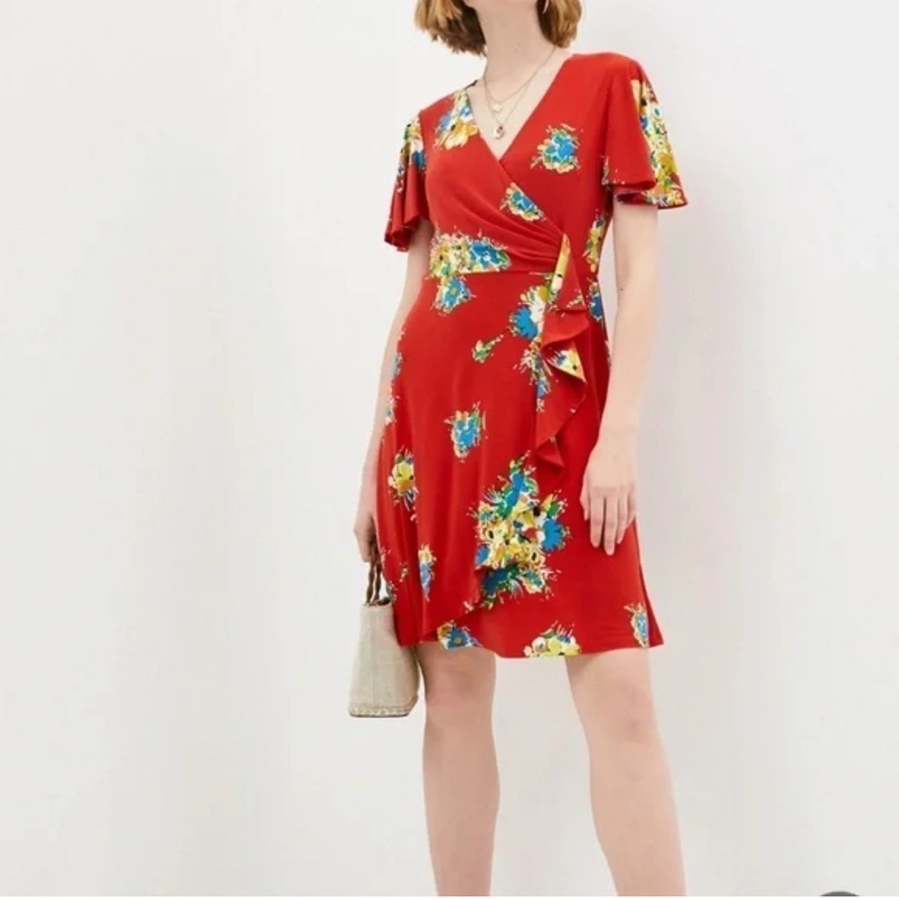 Lauren Ralph Lauren Red Floral Wrap Mini Dress